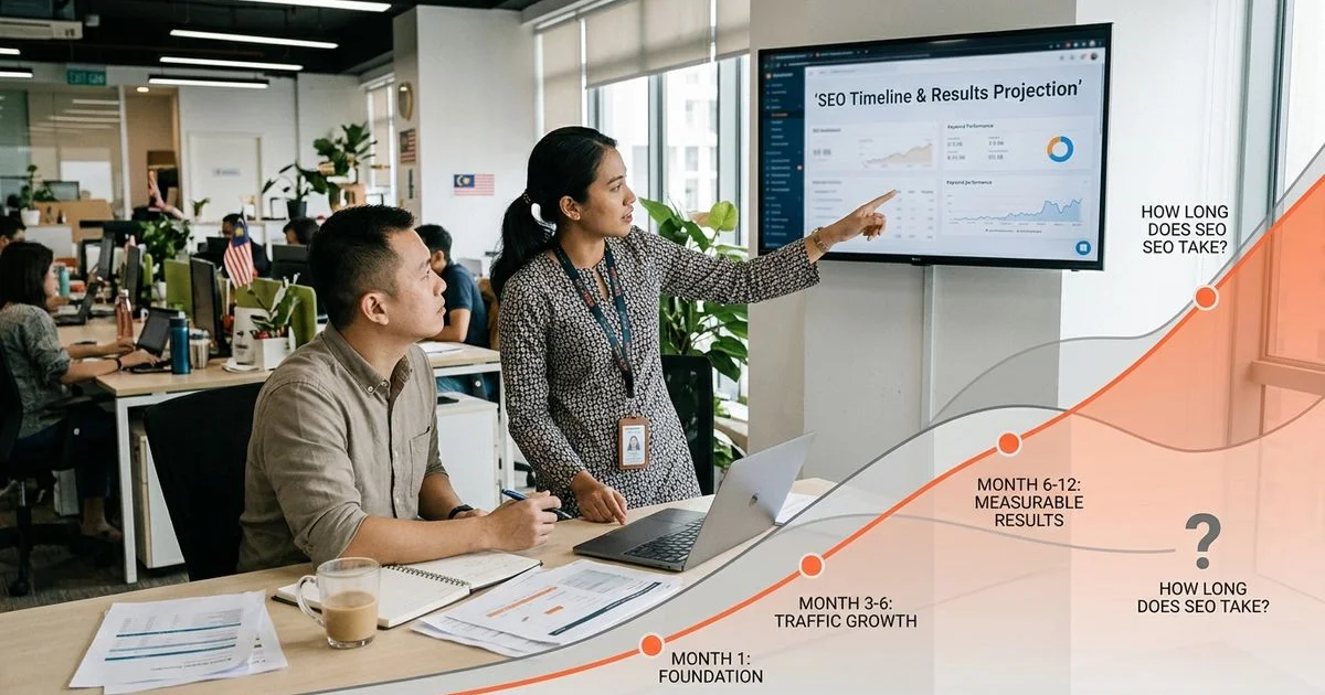 SEO timeline showing milestones across three, six, and twelve months