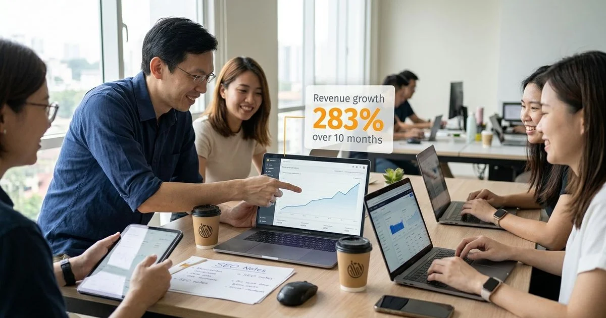 Revenue growth chart showing 283% increase over ten months for a Malaysian e-commerce store