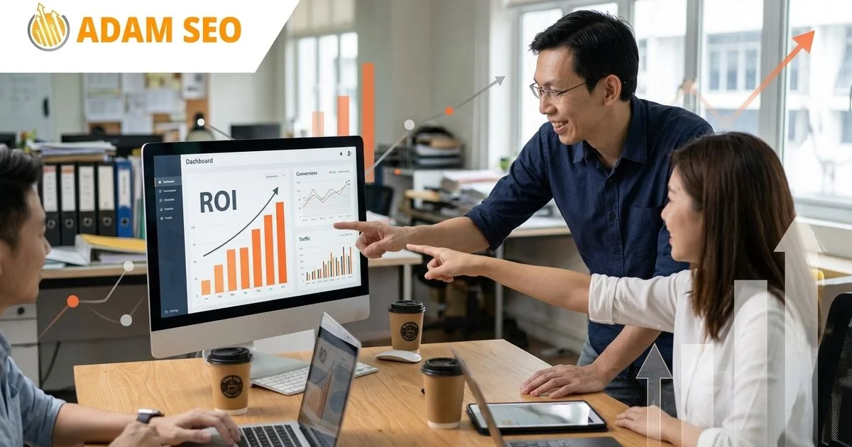 ROI-focused SEO shown as a revenue chart contrasted with vanity ranking metrics