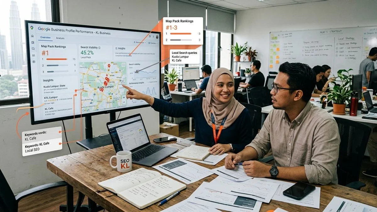 Local SEO strategy session reviewing Google Map Pack rankings and Google Business Profile performance for a Kuala Lumpur business