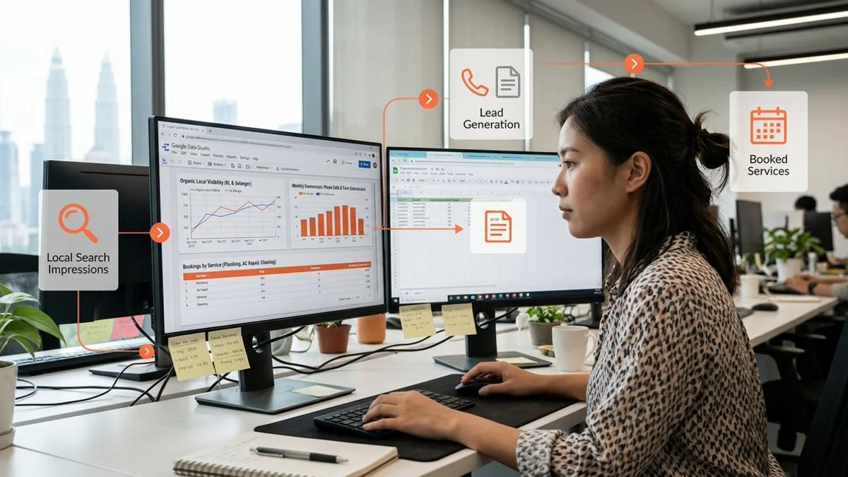 Reporting dashboard linking local search visibility to phone calls form submissions and bookings for a Malaysian service business